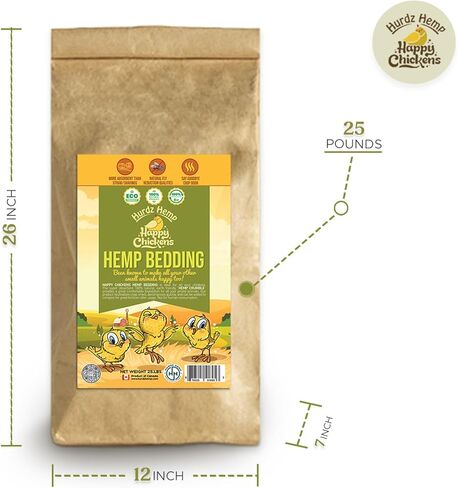فراش HURDZ HEMP لحظيرة الدجاج (25 رطلاً)، تركيبة دجاج مفتتة فريدة من نوعها - فراش دجاج فائق الامتصاص ومتين مصنوع من ألياف طبيعية 100% قابلة للتحلل الحيوي، فراش دجاج للتحكم في الرائحة لقفص الدجاج in Kuwait