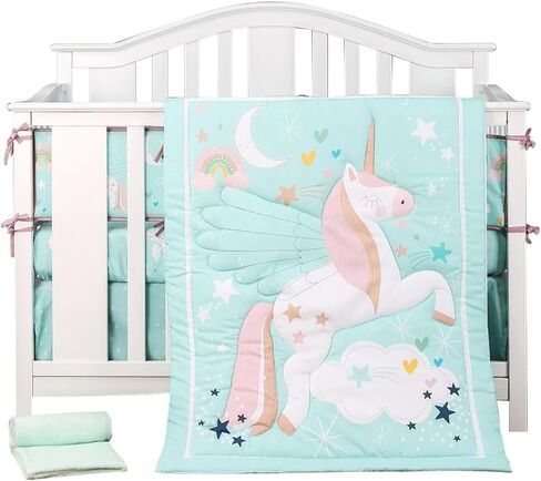 Crib Bedding Set for Girls Pastel Green Color Baby Unicorn 4 Pieces Standard Bedding Size Crib Set in Saudi Arabia