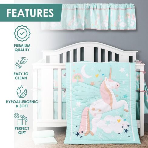 Crib Bedding Set for Girls Pastel Green Color Baby Unicorn 4 Pieces Standard Bedding Size Crib Set in Saudi Arabia
