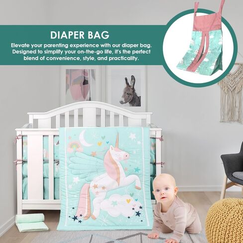 Crib Bedding Set for Girls Pastel Green Color Baby Unicorn 4 Pieces Standard Bedding Size Crib Set in Saudi Arabia