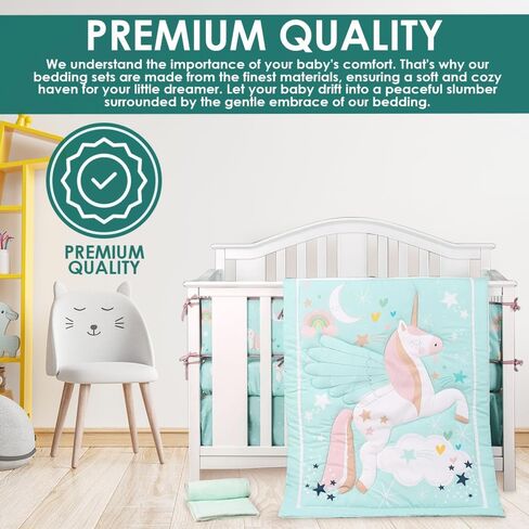 Crib Bedding Set for Girls Pastel Green Color Baby Unicorn 4 Pieces Standard Bedding Size Crib Set in Saudi Arabia