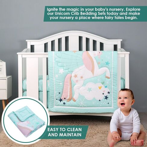 Crib Bedding Set for Girls Pastel Green Color Baby Unicorn 4 Pieces Standard Bedding Size Crib Set in Saudi Arabia