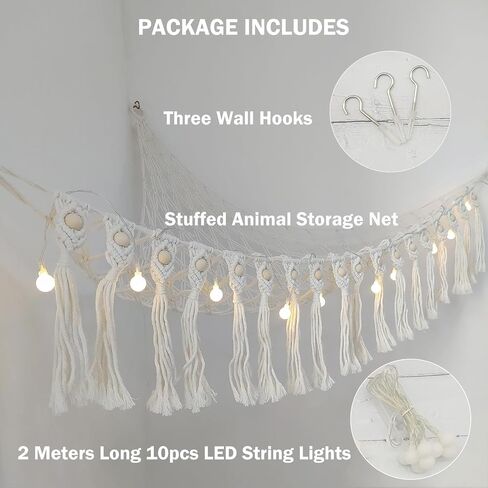 شبكة حيوانات محشوة، ارجوحة بتصميم بوهو مكرمية مع اضواء LED، شبكة حيوانات اليفة موفرة للمساحة للحيوانات المحشوة، مناسبة لغرفة اللعب وغرفة نوم الاطفال in Kuwait
