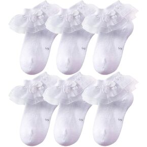 Baby Girls Cotton Ankle Socks with Bowknot 6-Pack (1-8T) | Princess Lace, Eyelet Dress Socks, Mesh Thin, Double Layer Lace, Frilly Trim in Saudi Arabia