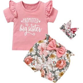 GRNSHTS Kids Baby Girl Sister Floral Outfits Promoted To Big Sister Short Sleeve Shirt+Floral Shorts+Headband 3Pcs Clothes