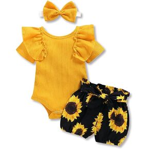 AMAWMW Newborn Baby Girl Summer Clothes Ruffle Ribbed Romper Vintage Floral Bloomers Shorts Outfit Infant Gift Set in Kuwait