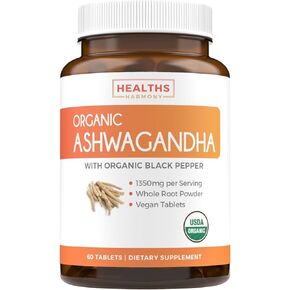 USDA Organic Ashwagandha (120 Vegetarian Tablets) 1350mg Ashwaganda Root Powder Per Serve with Black Pepper - Natural Adrenal Support, Cortisol & Thyroid Support, Immune Support (No Pills or Capsules)
