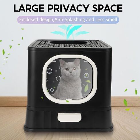صندوق فضلات القطط قابل للطي مع غطاء، وعاء فضلات القطط كيتي مغلق بالكامل ومضاد للتناثر مع مقبض، نونية كبيرة للقطط، مدخل أمامي، مخرج علوي، مرحاض القطط من نوع الدرج، سهل التنظيف بمغرفة فضلات القطط الأنيقة in Kuwait