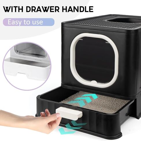 صندوق فضلات القطط قابل للطي مع غطاء، وعاء فضلات القطط كيتي مغلق بالكامل ومضاد للتناثر مع مقبض، نونية كبيرة للقطط، مدخل أمامي، مخرج علوي، مرحاض القطط من نوع الدرج، سهل التنظيف بمغرفة فضلات القطط الأنيقة in Kuwait