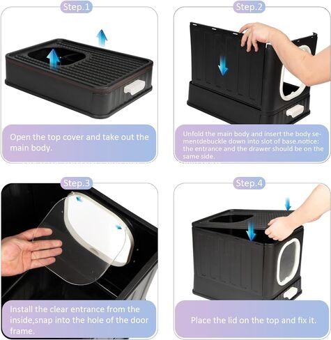 صندوق فضلات القطط قابل للطي مع غطاء، وعاء فضلات القطط كيتي مغلق بالكامل ومضاد للتناثر مع مقبض، نونية كبيرة للقطط، مدخل أمامي، مخرج علوي، مرحاض القطط من نوع الدرج، سهل التنظيف بمغرفة فضلات القطط الأنيقة in Kuwait