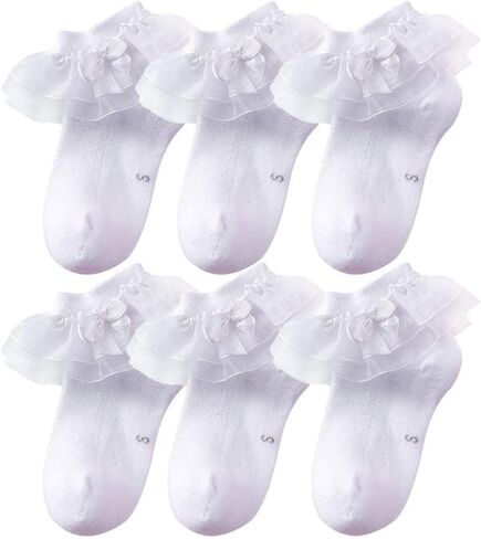 Baby Girls Cotton Ankle Socks with Bowknot 6-Pack (1-8T) | Princess Lace, Eyelet Dress Socks, Mesh Thin, Double Layer Lace, Frilly Trim in Saudi Arabia