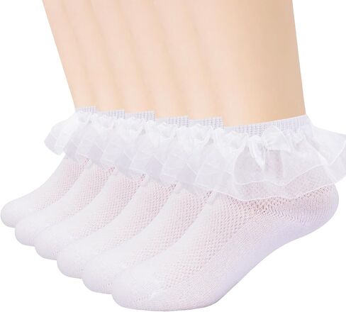 Baby Girls Cotton Ankle Socks with Bowknot 6-Pack (1-8T) | Princess Lace, Eyelet Dress Socks, Mesh Thin, Double Layer Lace, Frilly Trim in Saudi Arabia