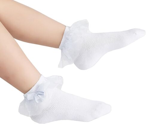 Baby Girls Cotton Ankle Socks with Bowknot 6-Pack (1-8T) | Princess Lace, Eyelet Dress Socks, Mesh Thin, Double Layer Lace, Frilly Trim in Saudi Arabia
