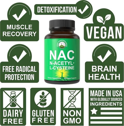 ملحق NAC N-أسيتيل سيستين. كبسولات الجلوتاثيون النباتية 600 ملغ للرجال + النساء. مضاد أكسدة رائع للتخلص من السموم والتعافي من التمارين والحماية من الجذور الحرة. ن أسيتيل إل- سيستين 600 ملغم in Kuwait