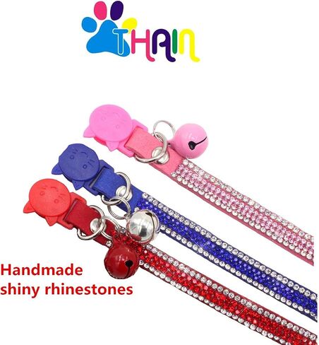THAIN الأساسية قابل للتعديل طوق القط بلينغ الماس الانفصال مع جرس للقطط فتاة صبي (الأزرق) in Kuwait