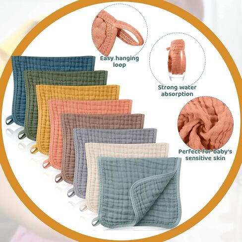 Remagr 8 Packs Muslin Burp Cloths Large 20" x 10", 6 Layers Unisex Baby Absorbent 100% Cotton Burp Rags Colorful Muslin Washcloths for Baby Plain Soft Cotton Cloth for Babies Girls Boys(Warm Colors) in Saudi Arabia
