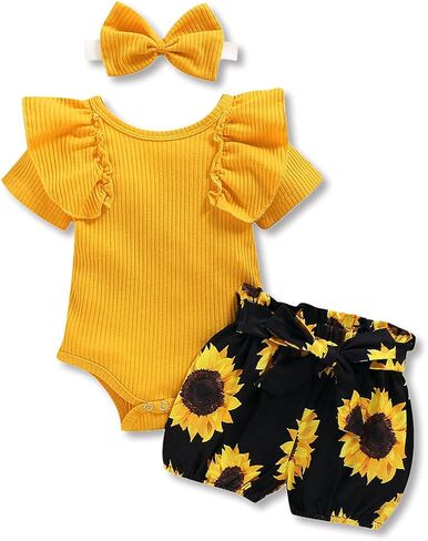 AMAWMW Newborn Baby Girl Summer Clothes Ruffle Ribbed Romper Vintage Floral Bloomers Shorts Outfit Infant Gift Set in Saudi Arabia