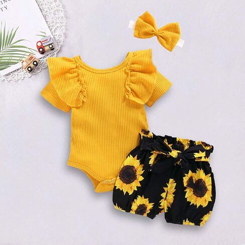 AMAWMW Newborn Baby Girl Summer Clothes Ruffle Ribbed Romper Vintage Floral Bloomers Shorts Outfit Infant Gift Set in Saudi Arabia