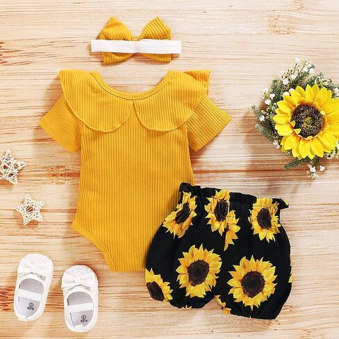 AMAWMW Newborn Baby Girl Summer Clothes Ruffle Ribbed Romper Vintage Floral Bloomers Shorts Outfit Infant Gift Set in Saudi Arabia