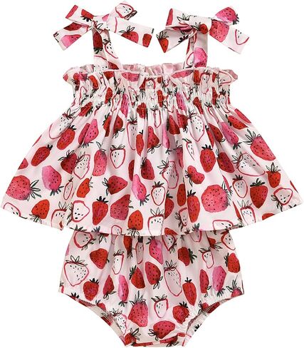 GRNSHTS طفلة الصيف مجموعة تي شيرتات قصيرة للأطفال الفراولة طباعة حبال كشكش قميص حفاضات السراويل 2 قطعة وتتسابق in Kuwait