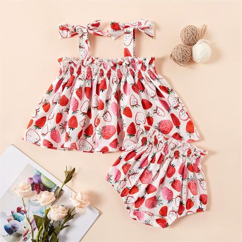 GRNSHTS طفلة الصيف مجموعة تي شيرتات قصيرة للأطفال الفراولة طباعة حبال كشكش قميص حفاضات السراويل 2 قطعة وتتسابق in Kuwait