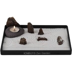 ICNBUYS Handmade Zen Garden Pebble Tealight Candle Holder Set Wood Forest with Free Zen Garden Tools, Sand, Base Tray and Accessories
