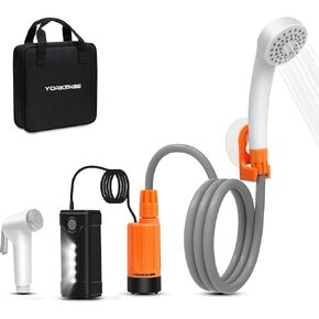 دش محمول للتخييم من يوركينبي، دش تخييم مع راس دش مزدوج محمول، بطارية قابلة لاعادة الشحن بمنفذ USB قابلة للفصل، دش التخييم للمشي لمسافات طويلة، السفر، كامل في حقيبة (+ بخاخ محمول) in Kuwait