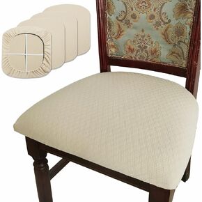 BUYUE Dining Room Chair Seat Covers Set of 6, Luxury Jacquard Fabric Stretch Washable Slipcover for Kitchen Seat Cushions, Beige-6PCS in Kuwait