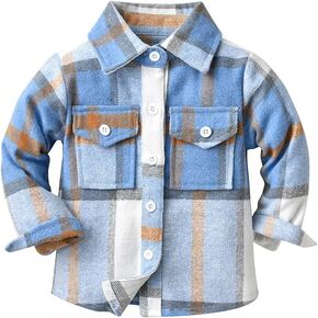 OBEEII Toddler Boys Girls Plaid Flannel Shirts Jacket Long Sleeve Lapel Button Down Shacket Fall Outerwear for Kids