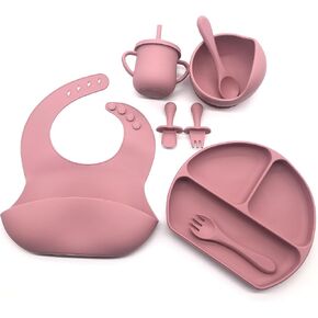 Silicone Baby Feeding Set: Baby & Toddlers Plates and Bowls with Suction, 2 types of Spoon & Fork, Adjustable Bib and Sippy Cup with Lid and Straw, 6+ months - BPA FREE (Dark Pink)