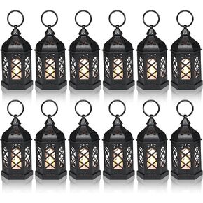 Reperla 12-Pack Mini Lanterns, LED Small Candle Lanterns Decorative, Tea Light Lantern Decoration, Black Hanging Decorative Lantern, Table Centerpiece for Wedding Xmas Ramadan Decor, Battery Included