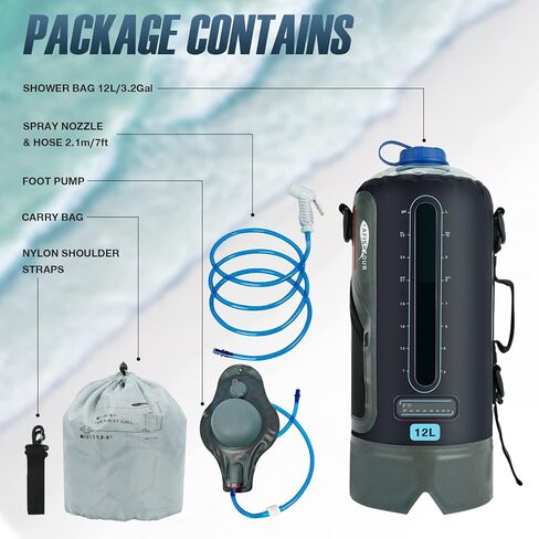 AFISHTOUR Portable Camping Shower Bag - 12L/3.17 Gallons Solar Shower Water Bag with Foot Pump and Shower Head - Camp Shower for Camping, Beach, Travel, Outdoor Activities in Kuwait