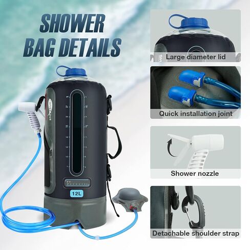 AFISHTOUR Portable Camping Shower Bag - 12L/3.17 Gallons Solar Shower Water Bag with Foot Pump and Shower Head - Camp Shower for Camping, Beach, Travel, Outdoor Activities in Kuwait