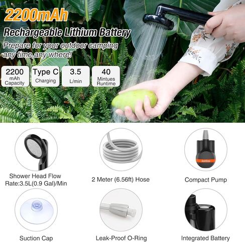 acetek دش محمول للتخييم، مضخة دش للتخييم في الهواء الطلق، مضخة دش قابلة لإعادة الشحن تعمل ببطارية دش محمولة تعمل بالطاقة للتخييم، والمشي لمسافات طويلة، وغسيل الشاطئ، والسفر، وتنظيف الحيوانات الأليفة، والري in Kuwait