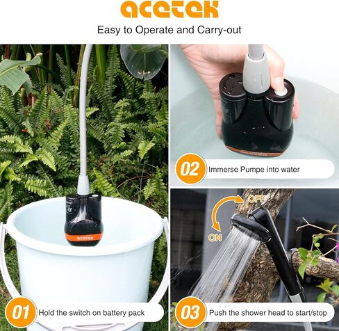 acetek دش محمول للتخييم، مضخة دش للتخييم في الهواء الطلق، مضخة دش قابلة لإعادة الشحن تعمل ببطارية دش محمولة تعمل بالطاقة للتخييم، والمشي لمسافات طويلة، وغسيل الشاطئ، والسفر، وتنظيف الحيوانات الأليفة، والري in Kuwait