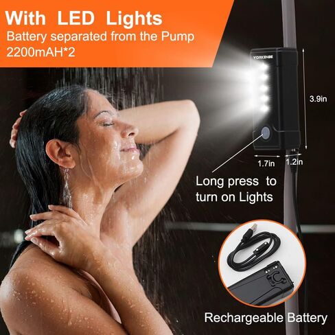 دش محمول للتخييم من يوركينبي، دش تخييم مع راس دش مزدوج محمول، بطارية قابلة لاعادة الشحن بمنفذ USB قابلة للفصل، دش التخييم للمشي لمسافات طويلة، السفر، كامل في حقيبة (+ بخاخ محمول) in Kuwait