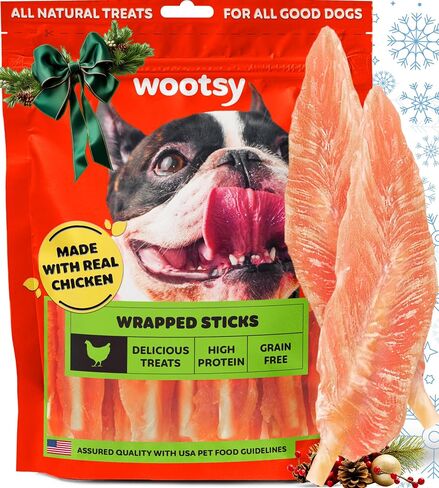 Wootsy Chicken Jerky Dog Treats - Rawhide Free Dental Health Support Dog Snacks - Real Chicken - Grain Free, Low-Calorie, High-Protein, Canine Chews, 16 Sticks per Pack in Kuwait