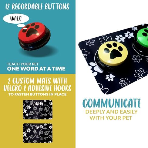 أزرار الكلاب الناطقة من كيلاب - حزمة مكونة من 12 زرًا للتواصل مع الكلاب قابلة للتسجيل مع سجادتين | أزرار التحدث للكلاب والقطط | زر الكلب المتكلم للتواصل مع 30 ملصقًا (12 عبوة) in Kuwait