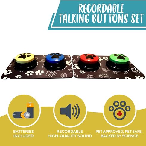 أزرار الكلاب الناطقة من كيلاب - حزمة مكونة من 12 زرًا للتواصل مع الكلاب قابلة للتسجيل مع سجادتين | أزرار التحدث للكلاب والقطط | زر الكلب المتكلم للتواصل مع 30 ملصقًا (12 عبوة) in Kuwait