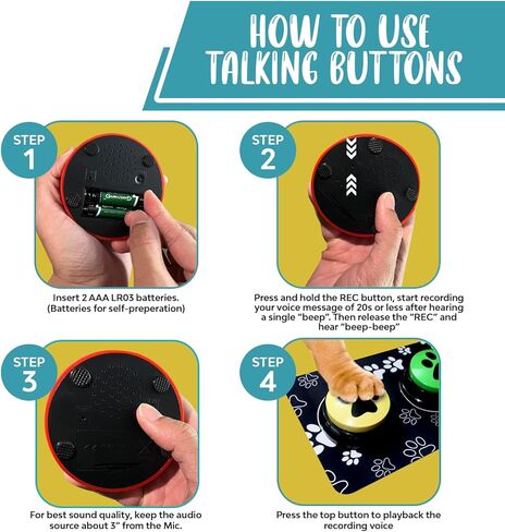 أزرار الكلاب الناطقة من كيلاب - حزمة مكونة من 12 زرًا للتواصل مع الكلاب قابلة للتسجيل مع سجادتين | أزرار التحدث للكلاب والقطط | زر الكلب المتكلم للتواصل مع 30 ملصقًا (12 عبوة) in Kuwait