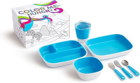 مجموعة مستلزمات تغذية الأطفال الصغار Color Me Hungry مكونة من 7 قطع من Munchkin®، تتضمن أطباق ووعاء وكوب مفتوح وأدوات في صندوق هدايا، باللون الأزرق in Saudi Arabia