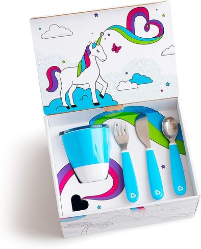 مجموعة مستلزمات تغذية الأطفال الصغار Color Me Hungry مكونة من 7 قطع من Munchkin®، تتضمن أطباق ووعاء وكوب مفتوح وأدوات في صندوق هدايا، باللون الأزرق in Saudi Arabia