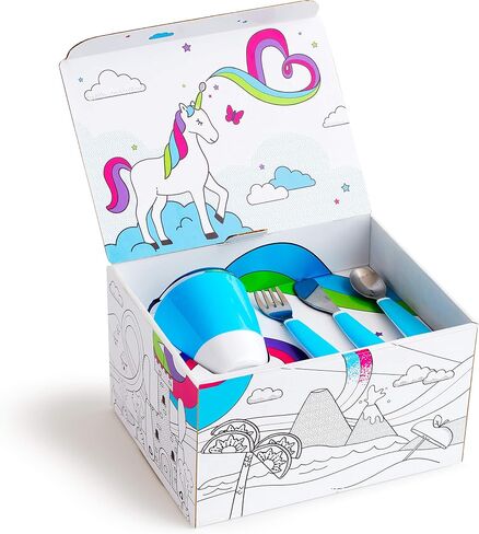 مجموعة مستلزمات تغذية الأطفال الصغار Color Me Hungry مكونة من 7 قطع من Munchkin®، تتضمن أطباق ووعاء وكوب مفتوح وأدوات في صندوق هدايا، باللون الأزرق in Saudi Arabia
