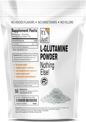 It's Just! - L-Glutamine Powder, Unflavored, Amino Acid, Faster Muscle Recovery, Leaky Gut, Digestive Support (500 Grams / 100 Servings) in Saudi Arabia