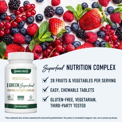 مكملات غذائية خضراء فائقة (60 قرصًا) عضوية فائقة - أكثر من 28 فاكهة وخضروات بما في ذلك البرسيم والشعير والسبانخ والبروكلي - عضوي معتمد، غير معدّل وراثياً وفول الصويا - سموكي ماونتن نيوتريشن in Kuwait