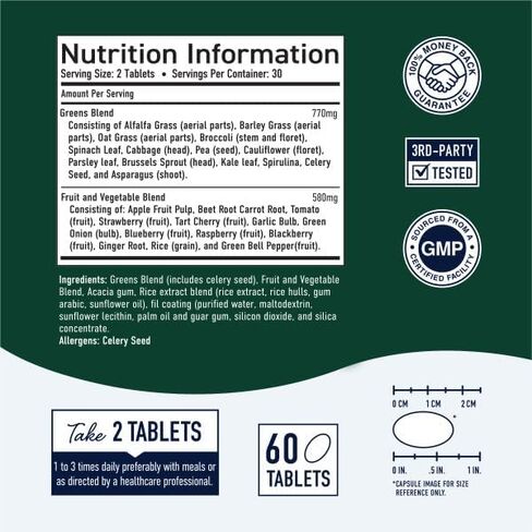 مكملات غذائية خضراء فائقة (60 قرصًا) عضوية فائقة - أكثر من 28 فاكهة وخضروات بما في ذلك البرسيم والشعير والسبانخ والبروكلي - عضوي معتمد، غير معدّل وراثياً وفول الصويا - سموكي ماونتن نيوتريشن in Kuwait