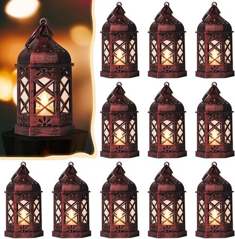 12 فوانيس صغيرة من ريبيرلا، فوانيس شموع صغيرة LED مزخرفة، زينة فانوس ضوء الشاي، فانوس زخرفي معلق باللون الأسود، قطعة مركزية للطاولة لديكور عيد الميلاد وعيد الميلاد في رمضان، متضمنة البطارية in Saudi Arabia