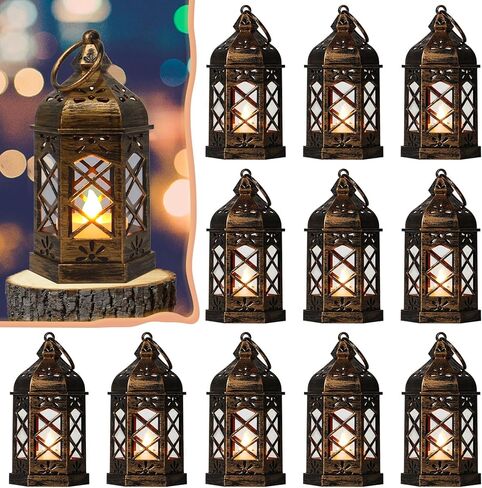 12 فوانيس صغيرة من ريبيرلا، فوانيس شموع صغيرة LED مزخرفة، زينة فانوس ضوء الشاي، فانوس زخرفي معلق باللون الأسود، قطعة مركزية للطاولة لديكور عيد الميلاد وعيد الميلاد في رمضان، متضمنة البطارية in Saudi Arabia