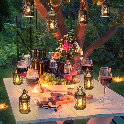 Reperla 12-Pack Mini Lanterns, LED Small Candle Lanterns Decorative, Tea Light Lantern Decoration, Black Hanging Decorative Lantern, Table Centerpiece for Wedding Xmas Ramadan Decor, Battery Included in Kuwait