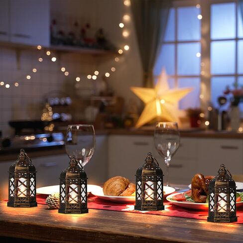 Reperla 12-Pack Mini Lanterns, LED Small Candle Lanterns Decorative, Tea Light Lantern Decoration, Black Hanging Decorative Lantern, Table Centerpiece for Wedding Xmas Ramadan Decor, Battery Included in Kuwait